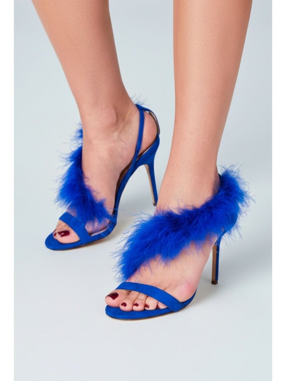 Blue Feathered Open-Toe Stiletto Heels With Side Straps & Faux Suede Finish